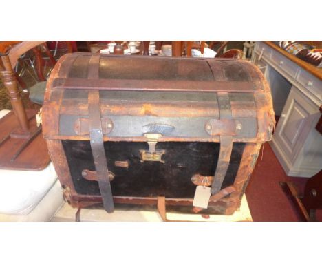 Cabin Trunk, leather domed fitted wicker interior, monogrammed HMC (worn) 76cm wide 
