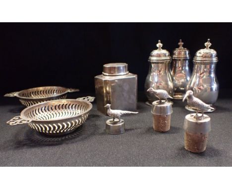 A SMALL SILVER CADDY, CHESTER 1898John and William Deakin, a pair of pierced bon-bon dishes, three pepperettes, and three whi