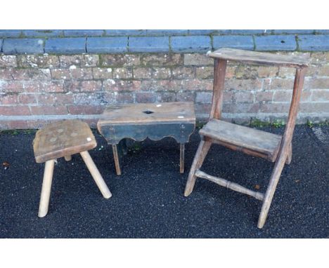 A 19TH CENTURY PLANK STOOL, WITH OLD PAINTED SURFACE44cm wide, a Victorian folding step (a/f), and an oak and ash milking sto