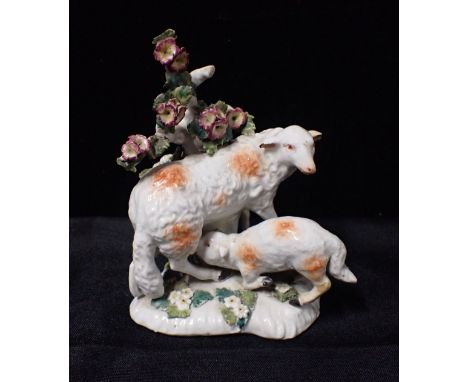 AN 18TH CENTURY POTTERY FIGURE OF SHEEPprobably Derby, patch marks to base (repaired)