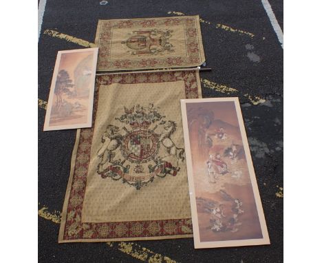 TWO REPRODUCTION TAPESTRY HANGINGS, WITH ARMORIALSand two reproductions of Chinese scrolls, printed on metal panels (4)