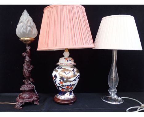 AN IMARI VASE STYLE TABLE LAMPwith pleated shade, a glass table lamp of baluster form, with pleated shade, and a spelter figu