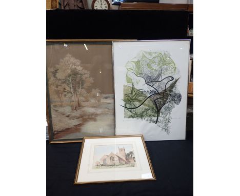 A SILK WORK LANDSCAPE PICTURE83 x 74cm (glazing a/f), a print by James Burr; 'Winter tree in Summer, and a watercolour of a C
