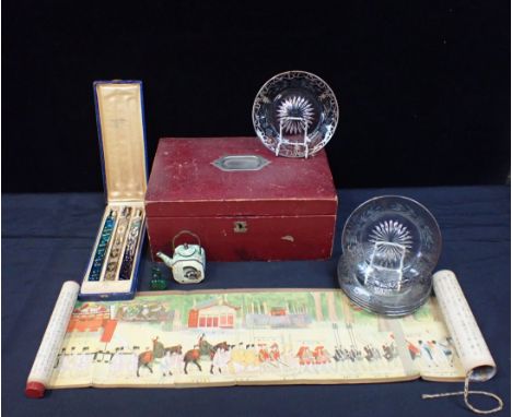 A SMALL CHINESE ENAMEL TEAPOT, DECORATED WITH A CATstalking a spider, a cased part set of Ahmed Soliman perfume bottles (one 