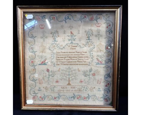 A 19TH CENTURY SAMPLER 'ELIZA HALL, SEPTr THE 4 1826'the central verse surrounded by floral motifs and birdcages 38 x 37cm (i