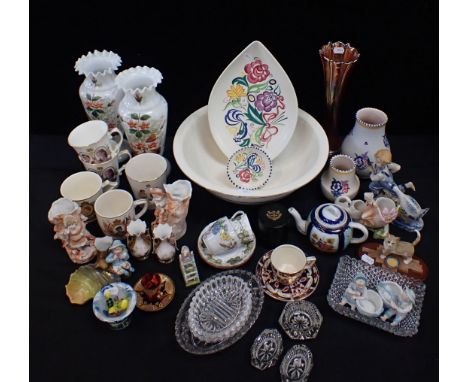 A PAIR OF VICTORIAN OPALINE GLASS VASES, AND SUNDRIESincluding Poole pottery, Victorian ceramic ornaments, a small Gozo glass