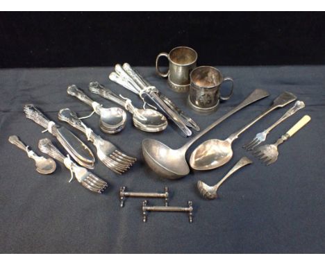 A PART CANTEEN OF SILVER-PLATED CUTLERYKing's pattern (loose),  two Victorian plated Christening mugs, and other plated ware