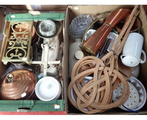 A COLLECTION OF KITCHENALIAincluding jelly moulds, copper ware, carpet beaters, hot water bottles and other items