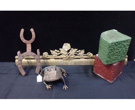 A BOOT-JACK MADE FROM HORSESHOESa glass and metal frog lantern, and other items