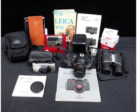 A LEICA R4 CAMERA WITH LEITZ CANADA SUMMICRON -R LENS2959058, cased, a Leica 72X, Leica digilux, Penta digital binoculars, Le