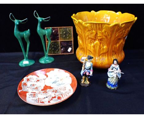 A BURMANTOFTS FAIENCE JARDINIEREyellow glazed, 28cm dia, with two mid-century South African 'Lucia Ware' deer, a pair of cont