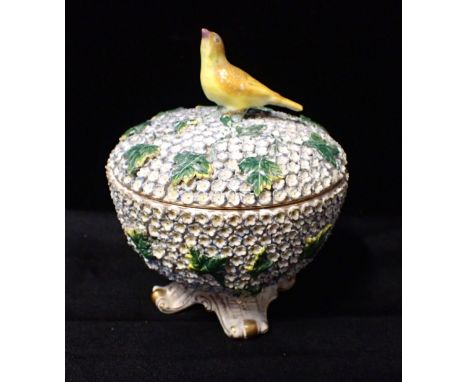 A MINTON FLORAL ENCRUSTED PORCELAIN LIDDED BOWL WITH CANARY FINIAL (some damage) c.1830