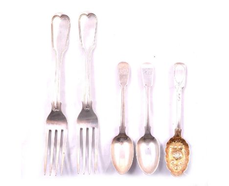 A set of six Georgian silver table forks, William Eley I &amp; William Fearn, London 1817, fiddle and reed pattern; a set of 