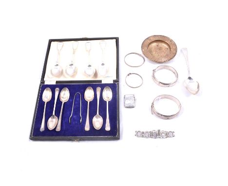 A collection of silver flatware, vesta case, jewellery, two silver half hinged bangles with engraved pattern to front; two ch