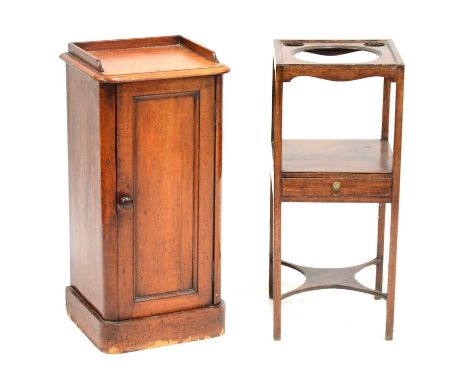 A Victorian mahogany bedside cabinet, panelled door, width 37cm, depth 32cm, height 77.5cm; and a mahogany washstand, with ba