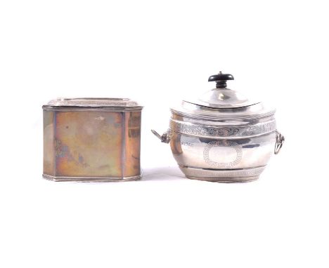 Victorian silver caddy, George Nathan &amp; Ridley Hayes, Chester 1902, oval form, ebony finial, cast lion mask handles; and 