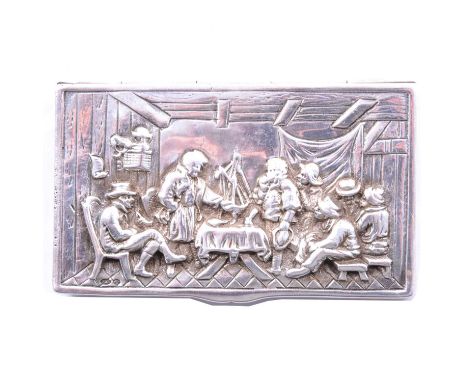 Continental silver snuff box, the lid embossed with a tavern scene, London import marks, 8.5cm, 2.7ozt.Condition report:Some 