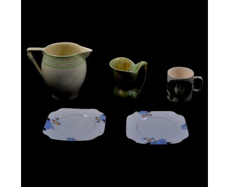 Four Hornsea pottery lion and butterfly mugs; Rye Pottery floral design fruit bowl, impressed P to base, 22cm; a studio potte