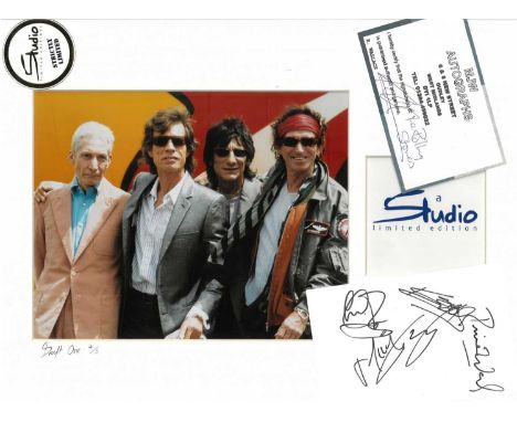 The Rolling Stones: set of four signatures - Mick Jagger, Ronnie Wood, Keith Richards, Bill Wyman - on a single sheet, 15cm x