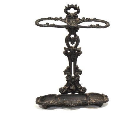 Coalbrookdale style cast iron stick stand, scrolled outlines, dished base, width 47cm, height 71cm