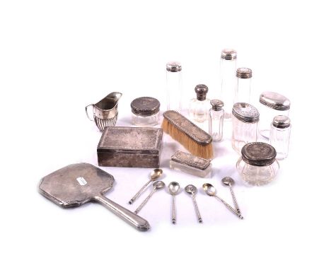 Various silver topped glass jars, small silver cream jug, cotton wool jars, hat pin jars, cologne bottle, jewel box, various 