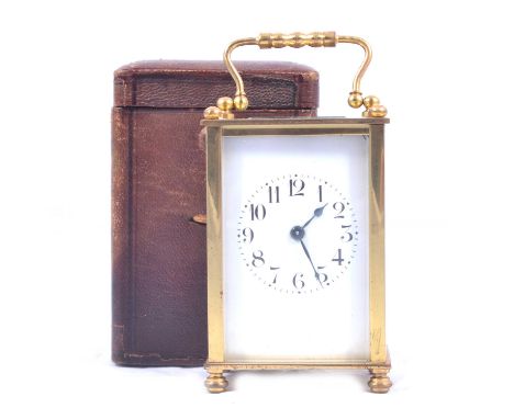 French gilt metal carriage clock, timepiece movement, in a Morocco carry case, 13cm.Condition report:The clock is fully wound