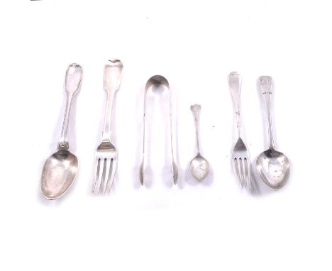A pair of Georgian silver tablespoons, maker's mark rubbed, London 1794, fiddle and thread pattern, engraved initials; Georgi