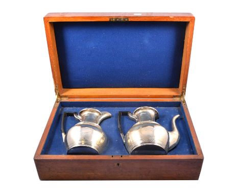 Victorian silver tea pot and hot water jug, Walker &amp; Hall, Sheffield, 1892, ebony handles, engine turned borders, in orig
