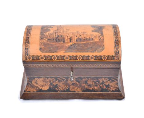 A Tunbridgeware tea caddy, rectangular form, domed hinged lid with view of Eridge Castle, geometric and floral borders, two l