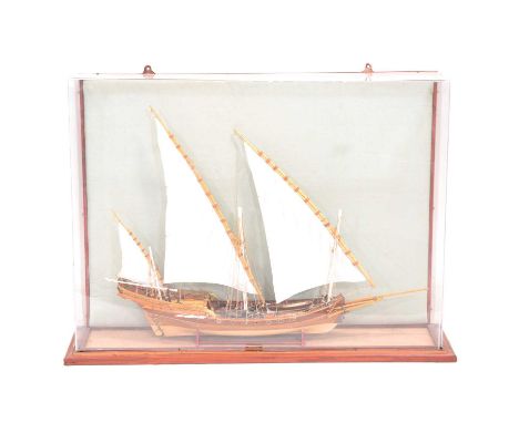 Scale model of a medieval ship of war, small brass plaque engraved 'Sciabecco, by John B Thorne, 2007', in a wall-hanging dis