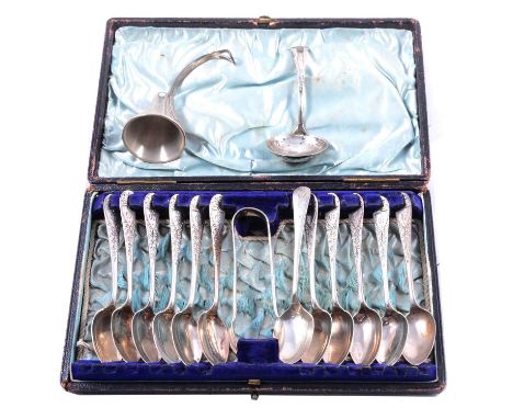 Silver cutlery, including a set of eleven Scottish silver coffee spoons and tongs, WS, Glasgow 1895, bright cut with engraved