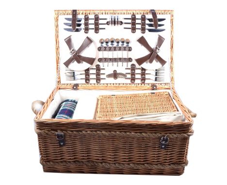A modern six person fully fitted picnic hamper with rope handles, includes travel rugs, 62 x 40 x 27cm.