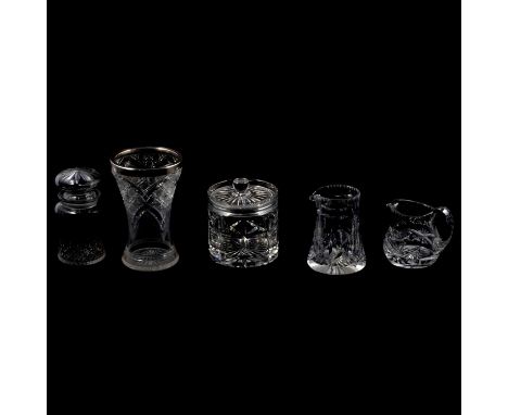 Early Victorian cut-glass jug, 20cm; Stuart Crystal Arundel pattern shallow bowl, 28.5cm; cut-glass biscuit box, 13cm; silver