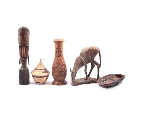 African carved wooden figures, carved wooden letter rack, a small dagger with horn handle, leather sheath (defective), and a 