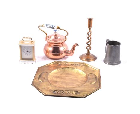 A brass carriage clock, with key; another carriage clock, quartz movement; copper coal scuttle with ceramic handles; similar 
