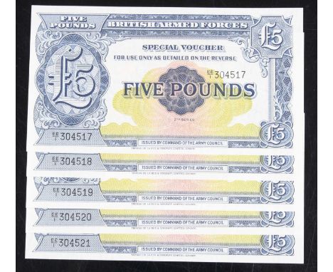 British Armed Forces, a consecutive run of five uncirculated five pound notes, 2nd series EE/I 304517 / 304521, two consecuti