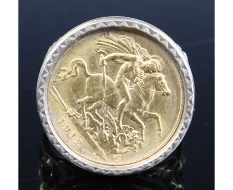 Great Britain, 1912 gold half sovereign, George V, rev: St George and Dragon above date, housed in a 9 carat gold ring mount,
