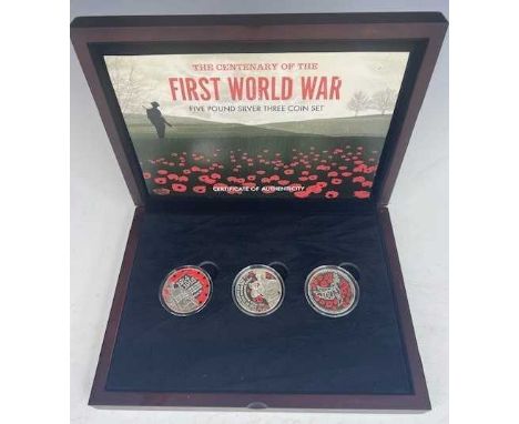 The Centenary of the First World War, Five pound coin three coin boxed set (Isle of Man) together with an Legacy of Egypt gol