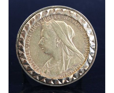 Great Britain, 1896 gold full sovereign, Victoria veiled bust, rev: St George and Dragon above date, housed in a 9 carat gold