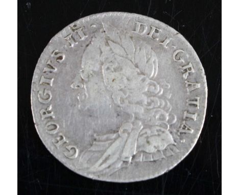 Great Britain, 1757 sixpence, George II draped laureate bust left, rev; crowned quartered shields plain angles date divided b