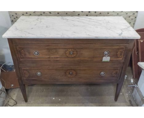 NORTH ITALIAN COMMODE, 18th century walnut and satinwood marquetry with two long drawers and Carrara marble top, 118cm x 55cm