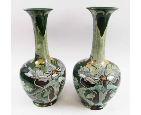 CONTINENTAL CERAMIC VASES, a pair, with naturalistic Art Nouveau inspired decoration, each 41cm H. (2)