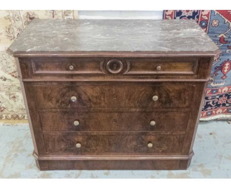 COMMODE, Napoleon III walnut, the grey marble top over four graduated drawers with canted corners, 52cm D x 91cm H x 111cm W.