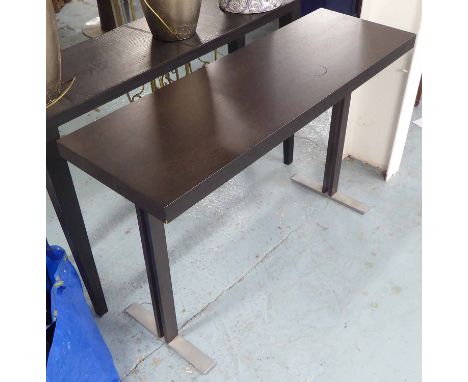 CONSOLE TABLE, dark wooden top on metal supports, 120cm x 40cm x 76cm H.
