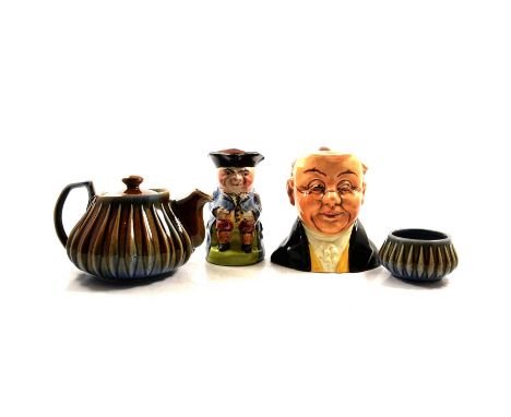 Quantity of decorative ceramics, including Torquay ware Tobys, Sylvac character jug of Mr Pickwick, three graduated pottery s