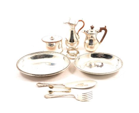 A silver hot water pot, William Neale &amp; Son Ltd, Birmingham 1931, wooden handle, gross weight 10.1oz; a silver-plated tea