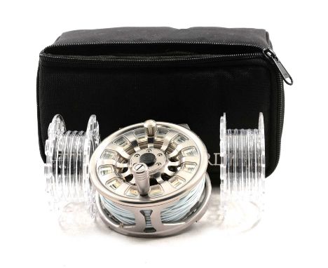 Hardy Demon 5000 large arbor fly reel, 3 spare cassette spools & padded case