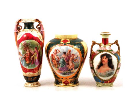 Five Royal Vienna decorative vases including large covered vase, transferred vignette after Kauffman, as found, 32cm; a pair 