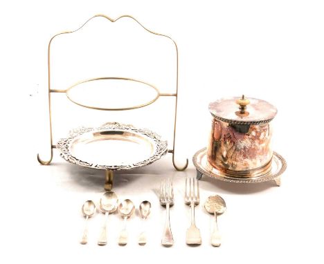 A collection of silver spoons and silver-plated items, a small William IV silver spoon, London 1834, engraved initials; five 