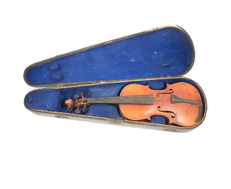 Three violins, one bearing label for Antonio Stradivarius Cremonensis 1725 (further ink stamped Made in W Germany), 14" back;